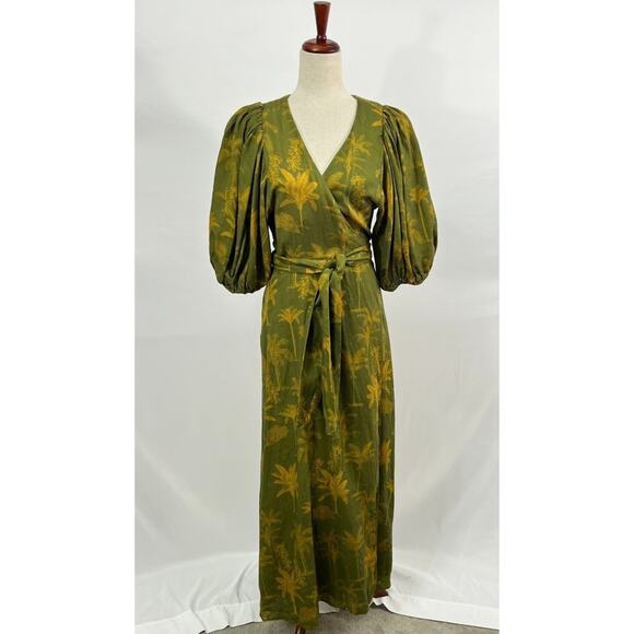 JUAN DE DIOS Sz M/L Ermita Wrap Around Midi Dress Green Palms Linen - Picture 10 of 16